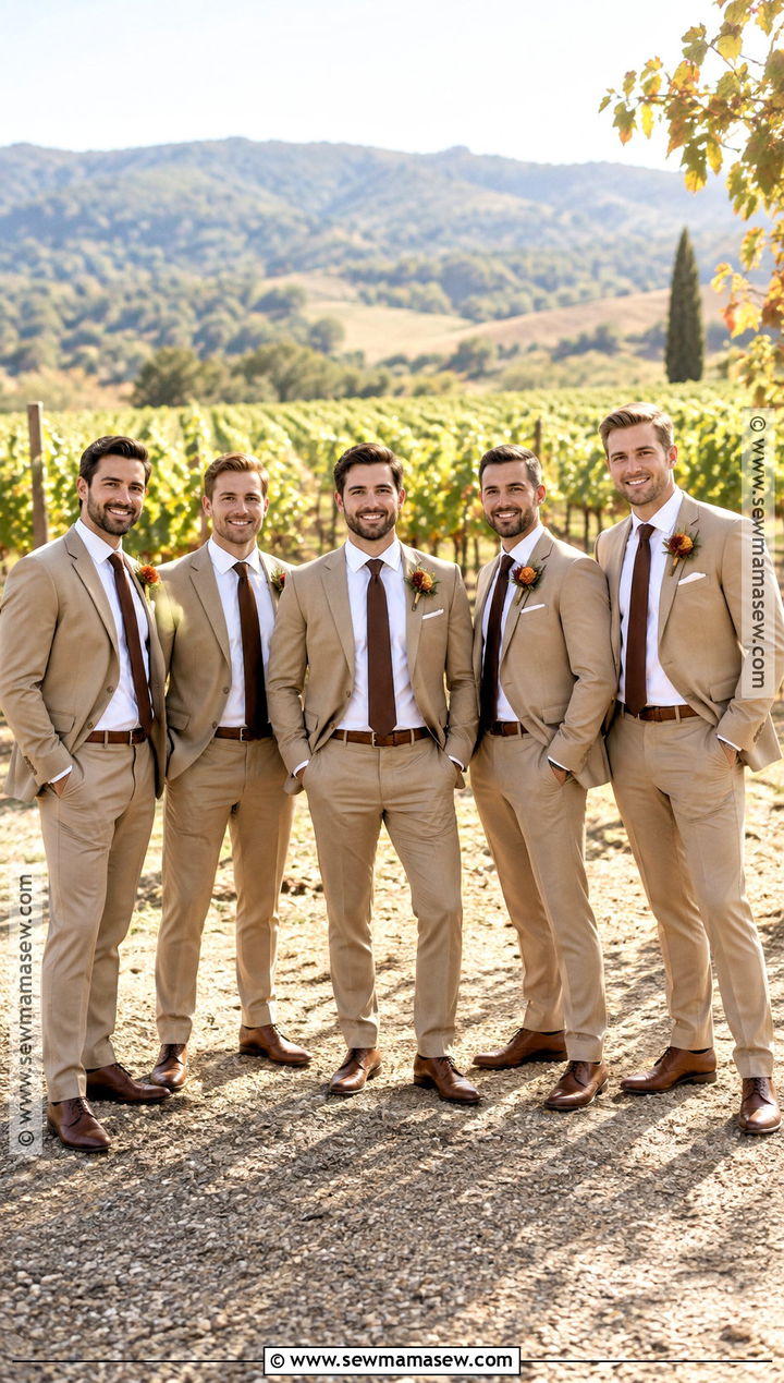 Tan Groomsmen Suits With Dark Brown Accents - 15 groomsmen attire autumn ideas