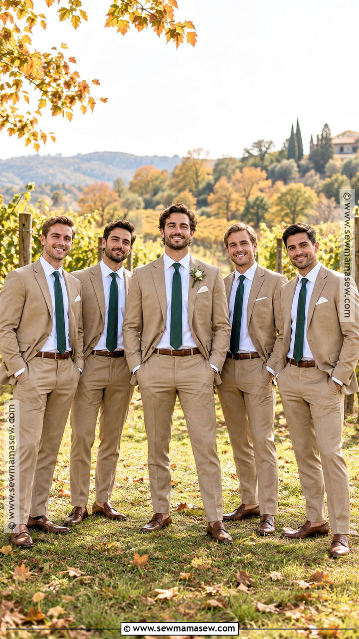 Tan Groomsmen Suits With Dark Green Ties - 20 groomsmen attire fall ideas