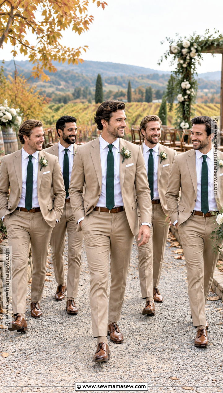 Tan Groomsmen Suits With Forest Green Ties - 15 groomsmen attire autumn wedding ideas