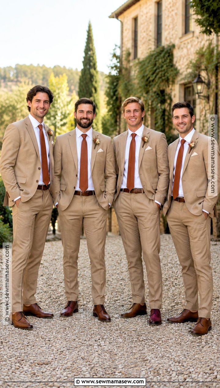 Tan Groomsmen Suits With Rust Ties for a Fall Wedding - 20 groomsmen attire fall wedding ideas