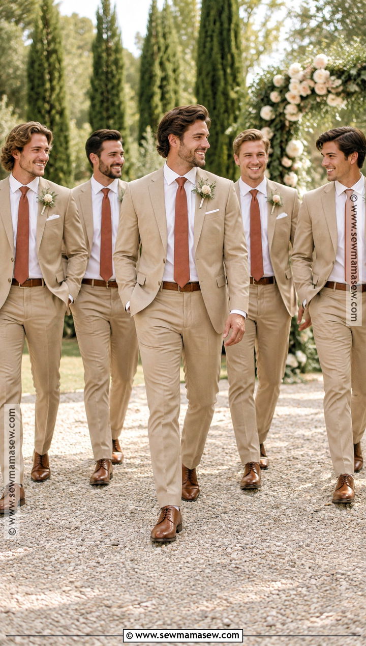 Tan Groomsmen Suits With Terracotta Ties - 15 september groomsmen attire ideas