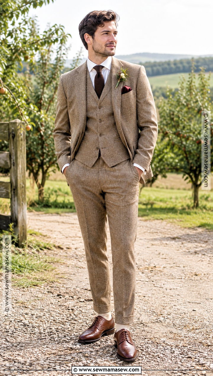 Tan Herringbone Fall Wedding Suit - 20 fall wedding suits groom attire ideas