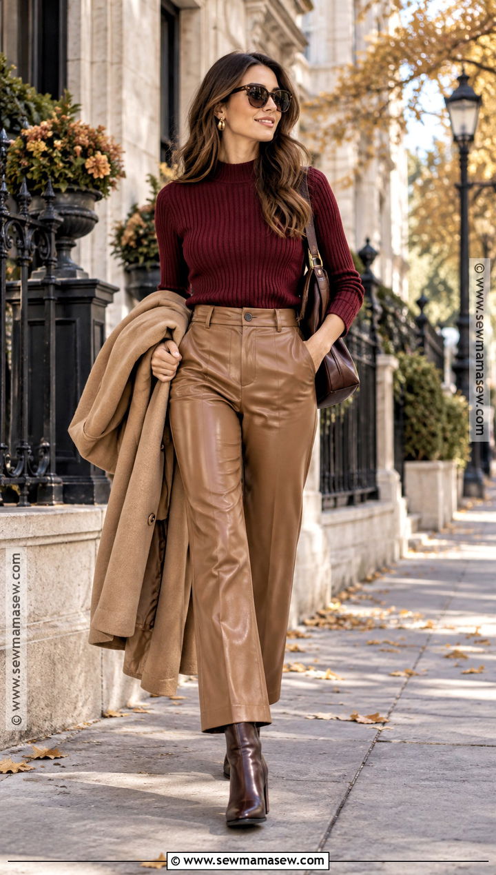 Tan Leather Pants With Burgundy Sweater - 15 Tan Leather Pants Outfit Fall