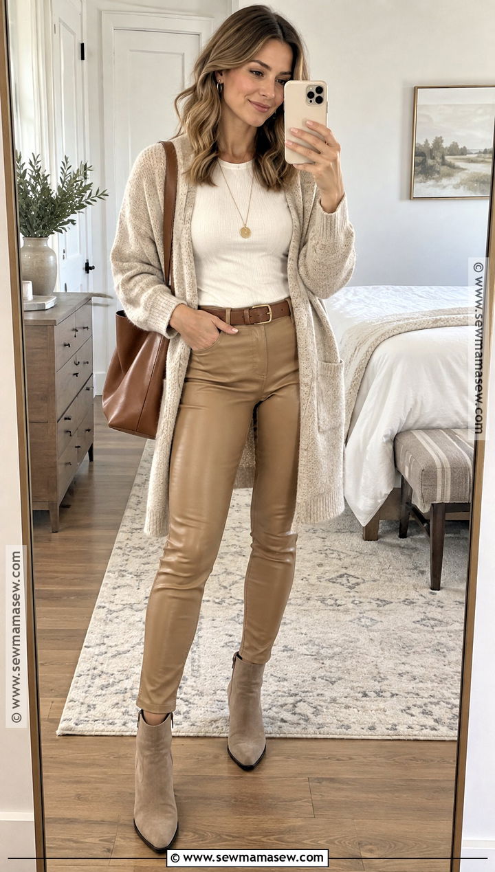Tan Leather Pants With Oversized Cardigan - 15 Tan Leather Pants Outfit Fall