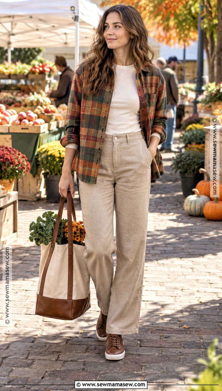 Tan Linen Pants With A Plaid Overshirt - 15 autumn outfits linen pants