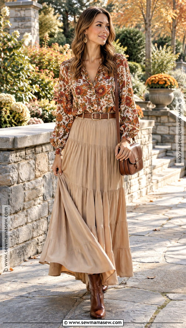 Tan Maxi Skirt With Printed Blouse And Brown Boots - 20 tan skirt outfit fall ideas
