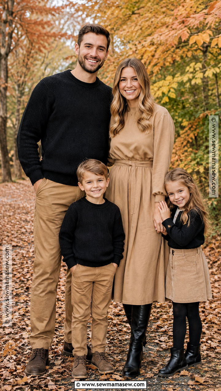 Tan Midi Dress And Black Sweater Family Outfit - 15 fall family pictures outfits black and tan