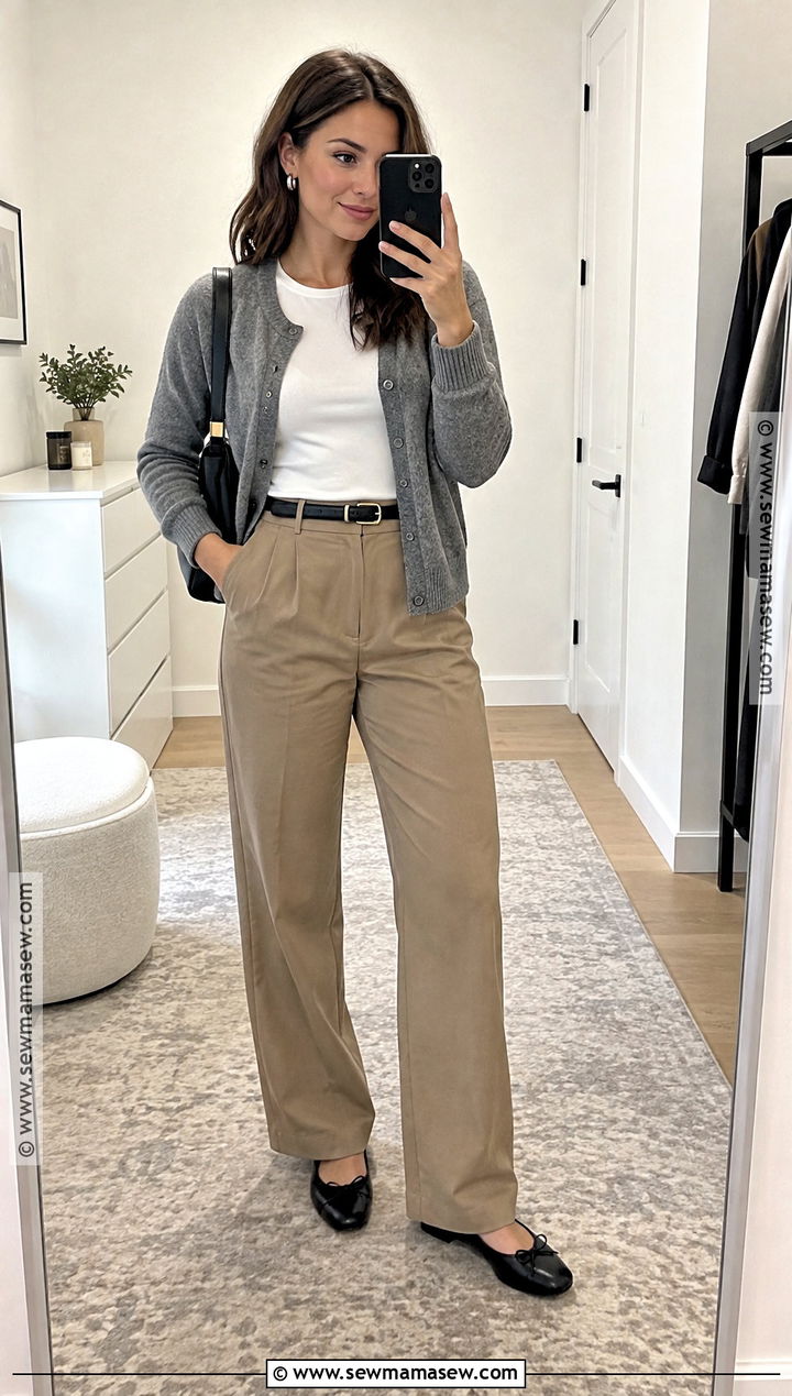 Tan Pants With Gray Cardigan And Ballet Flats - 15 Tan Pants Outfit Fall