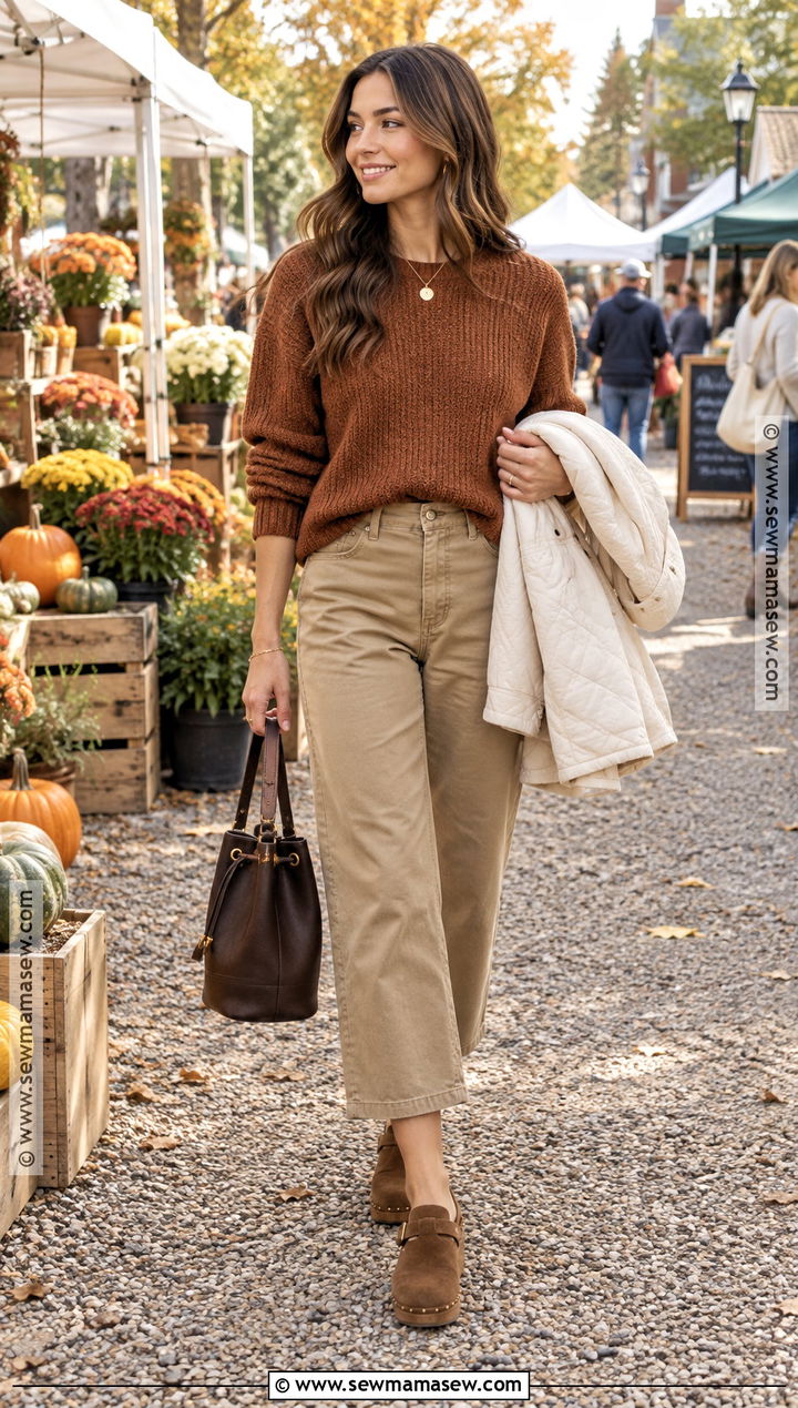 Tan Pants With Rust Sweater And Clogs - 15 Tan Pants Outfit Fall