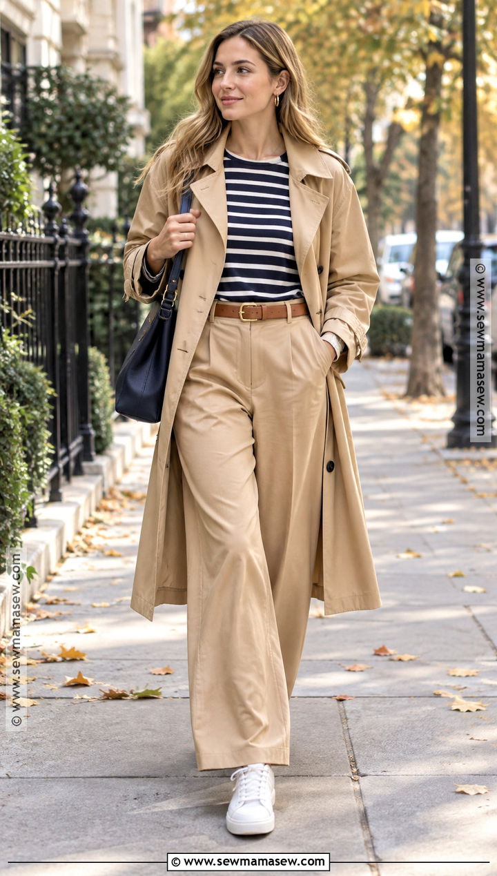 Tan Pants With Striped Top And Trench Coat - 15 Tan Pants Outfit Fall