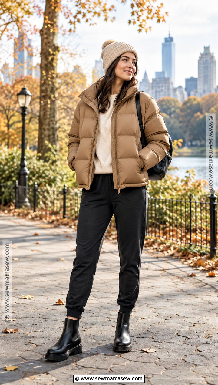 Tan Puffer Jacket With Joggers And Boots - 15 tan fall jacket ideas