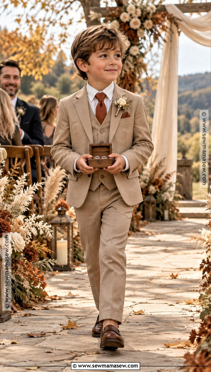 Tan Ring Bearer Suit With Rust Tie - 15 ring bearer outfit fall wedding ideas