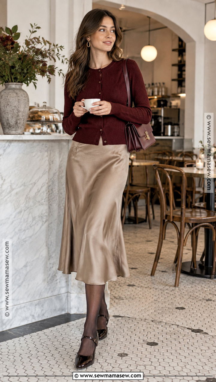 Tan Satin Skirt With Burgundy Cardigan And Mary Jane Shoes - 20 tan skirt outfit fall ideas