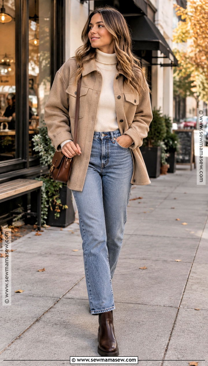 Tan Shacket With A Turtleneck And Jeans - 15 tan fall jacket ideas