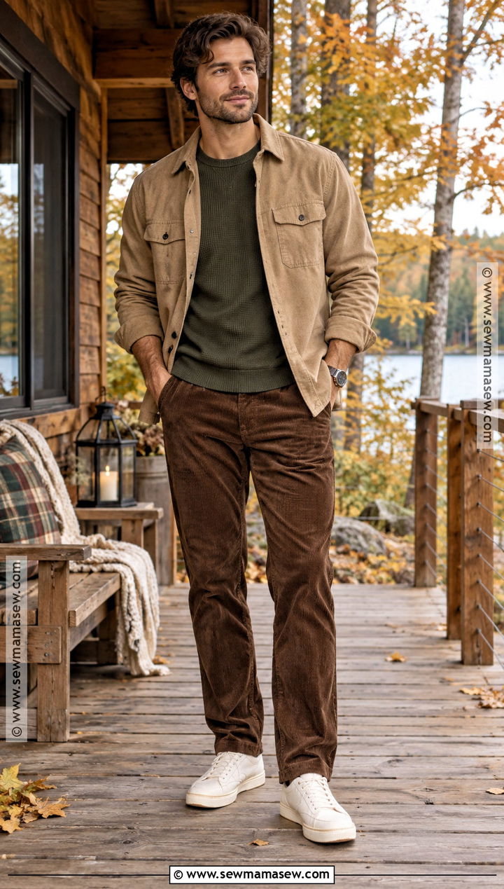 Tan Shacket With Corduroy Pants - 15 fall photoshoot men outfits