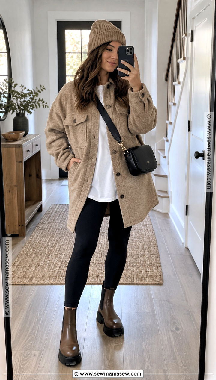Tan Shacket With Leggings Outfit - 30 autumn jacket ideas