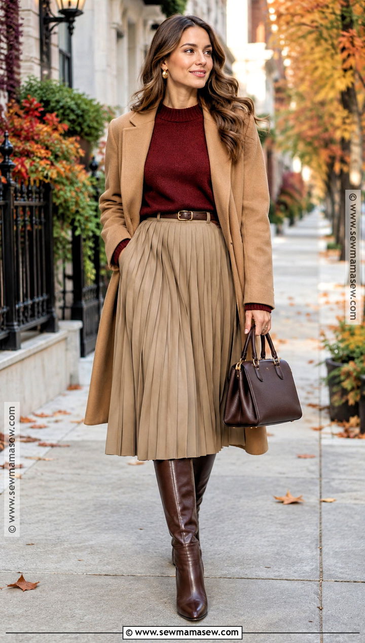 Tan Skirt With Red Sweater And Brown Boots - 20 tan skirt outfit fall ideas