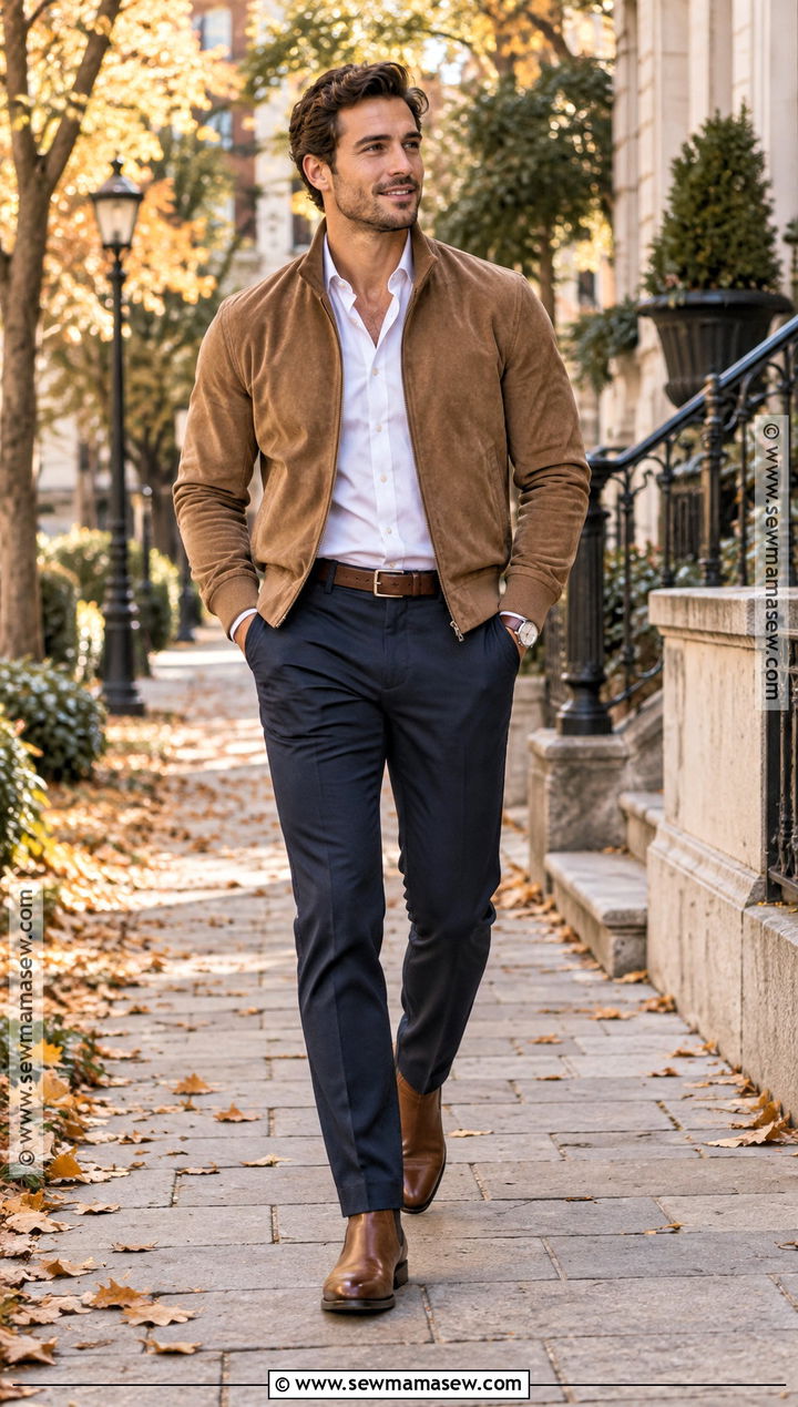 Tan Suede Jacket With White Oxford And Navy Pants - 15 engagement photos outfits men fall