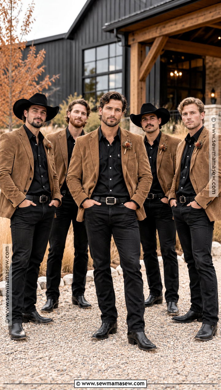Tan Suede Jackets With Black Western Jeans - 15 fall western groomsmen attire ideas