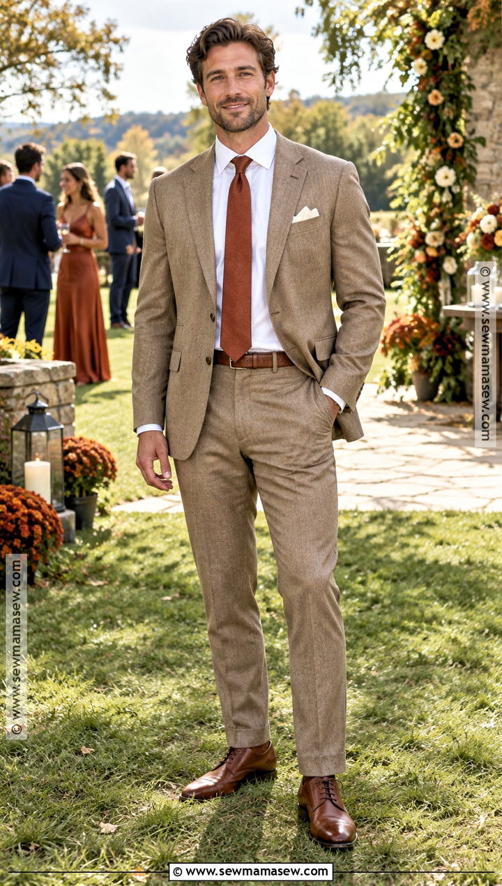 Tan Suit And Rust Tie Fall Wedding Guest Outfit - 20 mens fall wedding attire guest ideas