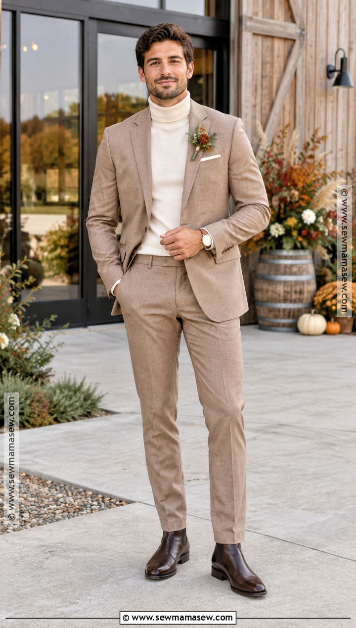 Tan Suit And Turtleneck Fall Groom Outfit - 15 casual fall groom attire ideas