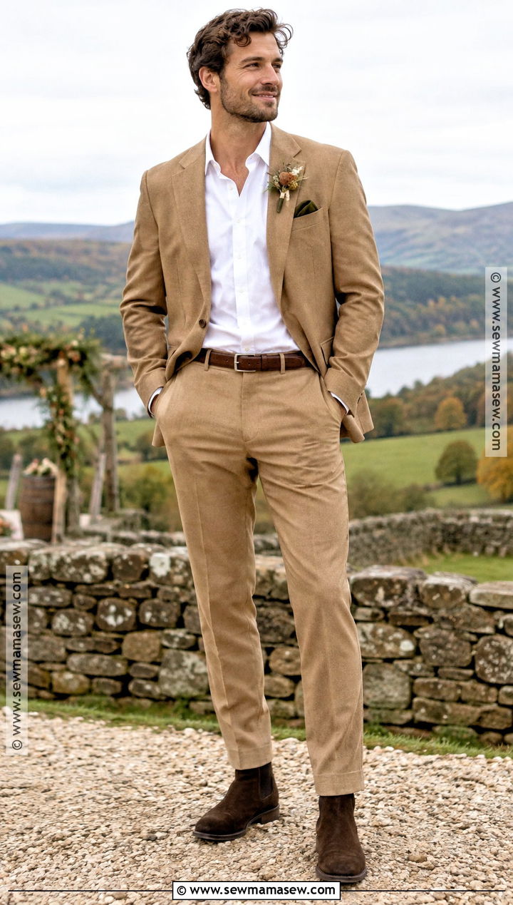 Tan Suit With Brown Chelsea Boots - 15 fall casual groom attire ideas