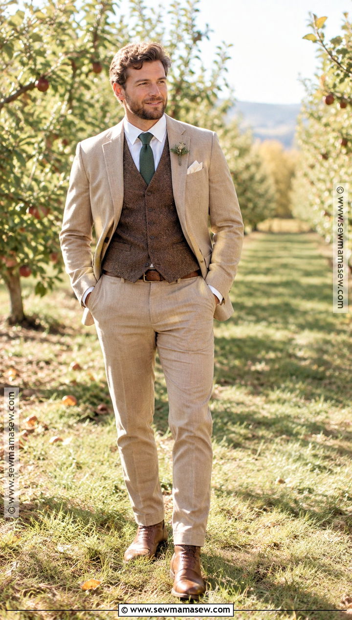 Tan Suit With Brown Vest Groom Attire - 15 fall country wedding groom attire ideas
