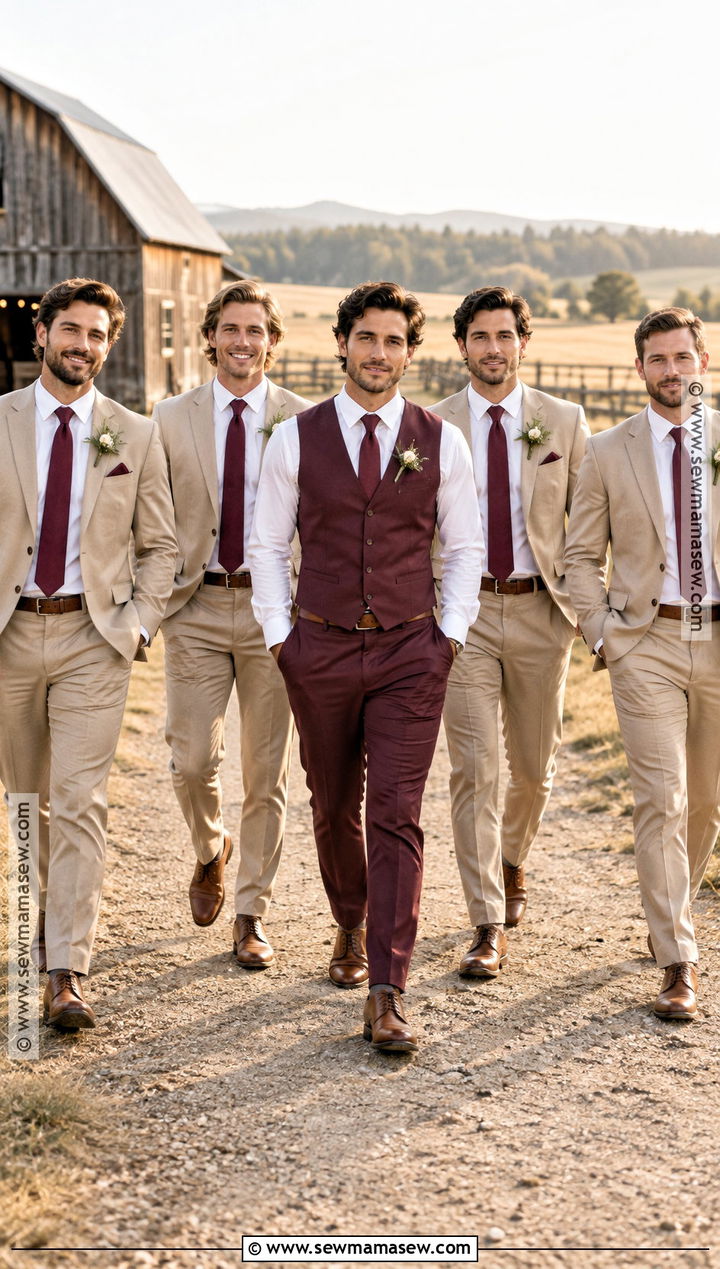 Tan Suit With Burgundy Accessories - 20 fall groomsmen attire rustic ideas