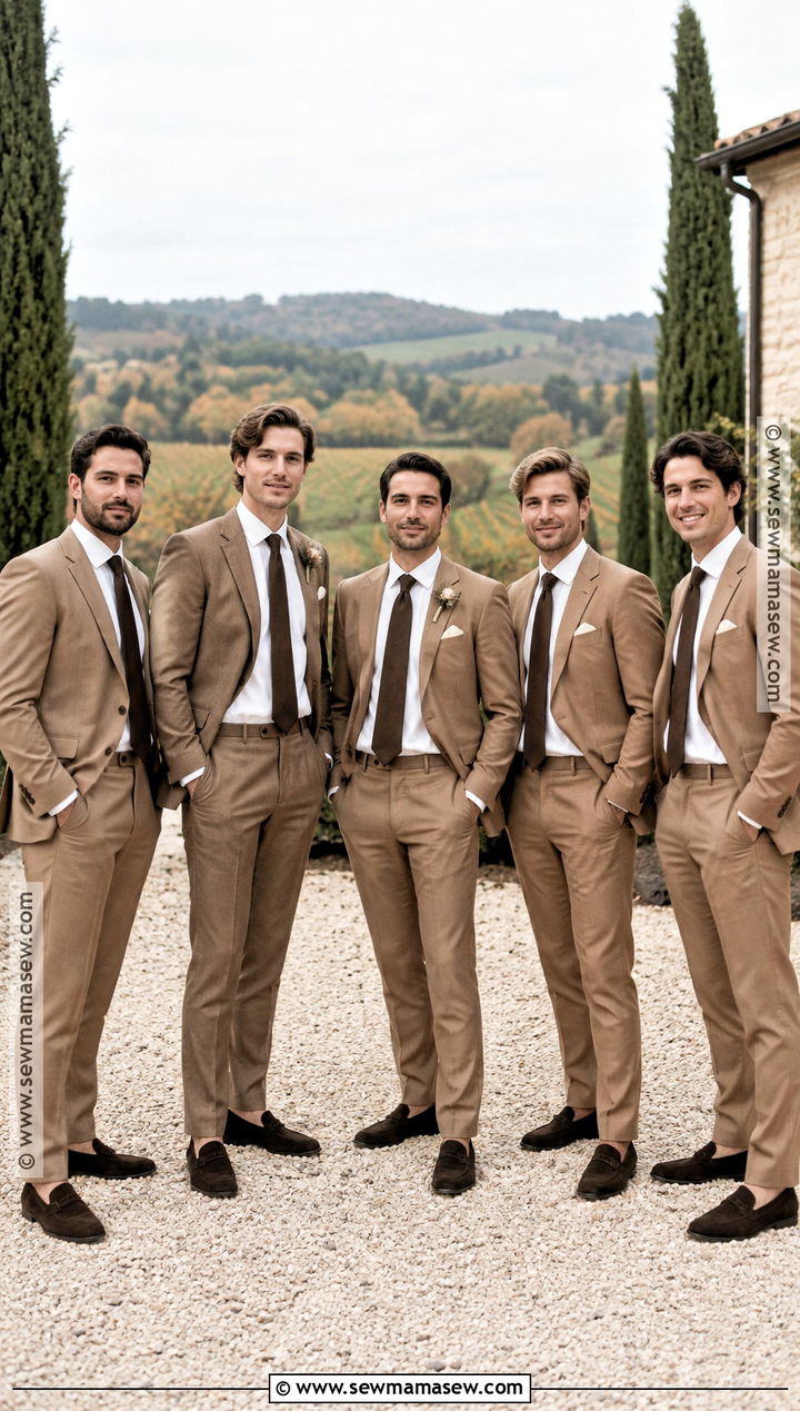 Tan Suit With Chocolate Brown Tie - 15 november groomsmen attire ideas