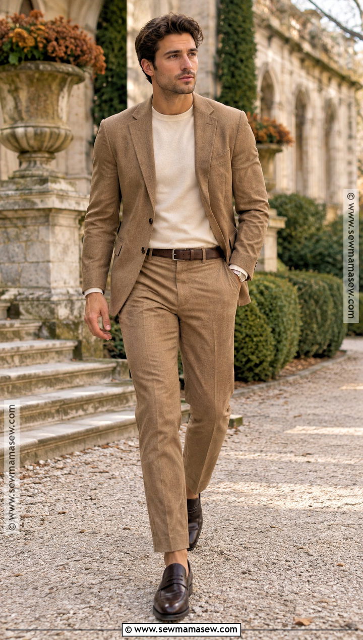 Tan Suit With Cream Sweater - 15 fall photoshoot men outfits