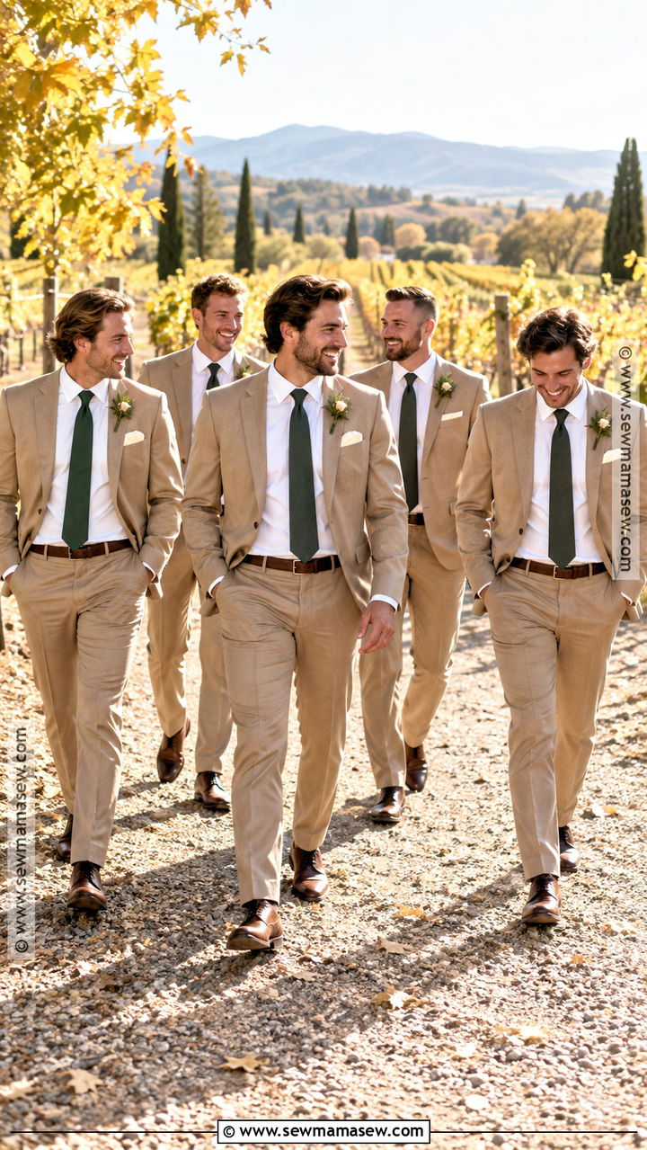 Tan Suit With Dark Green Tie - 20 groomsmen fall wedding attire ideas
