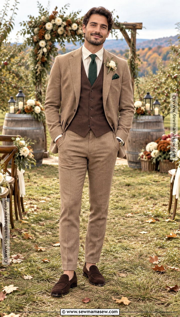 Tan Suit With Dark Green Tie - 20 groom fall wedding attire ideas