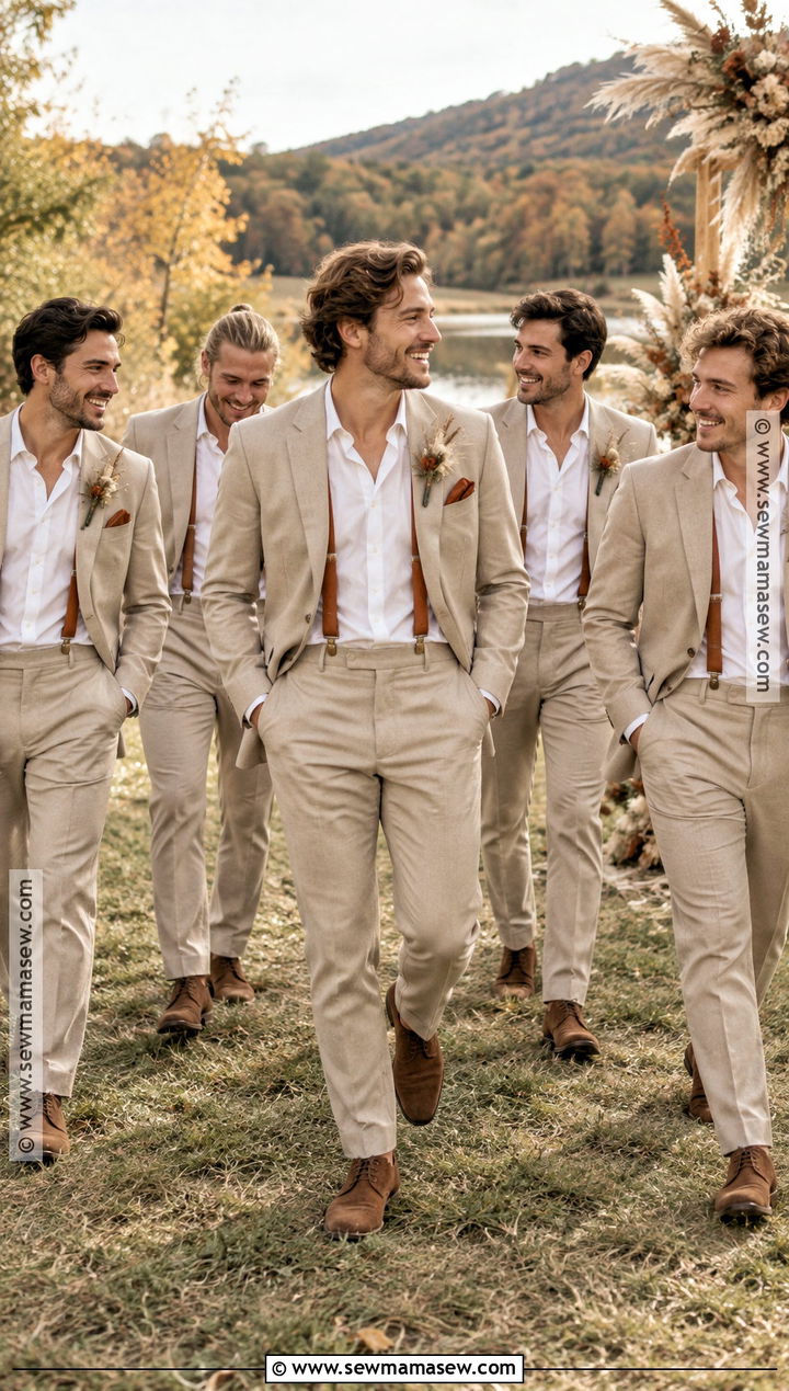 Tan Suit With Leather Suspenders And Suede Shoes - 15 fall boho groomsmen attire ideas