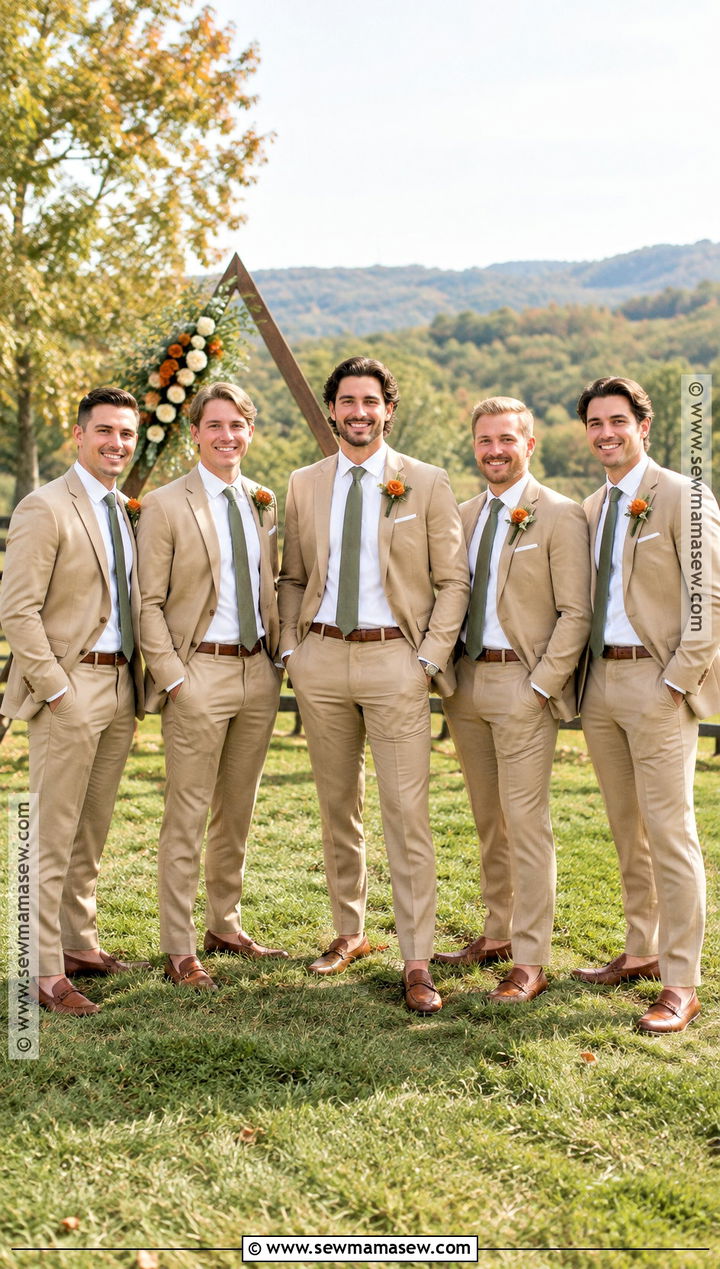 Tan Suit With Sage Green Tie - 15 fall wedding groomsmen attire sage green ideas