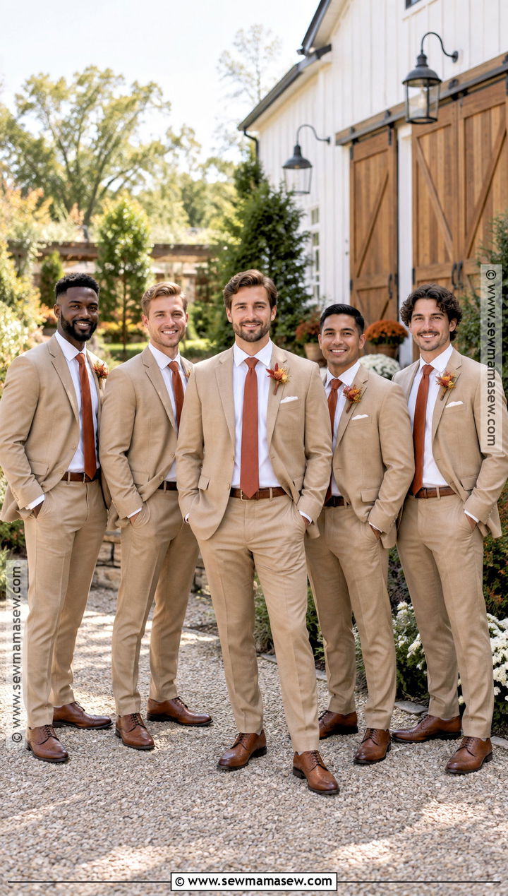 Tan Suit With Terracotta Tie Groomsmen Attire - 15 groomsmen attire fall color combos