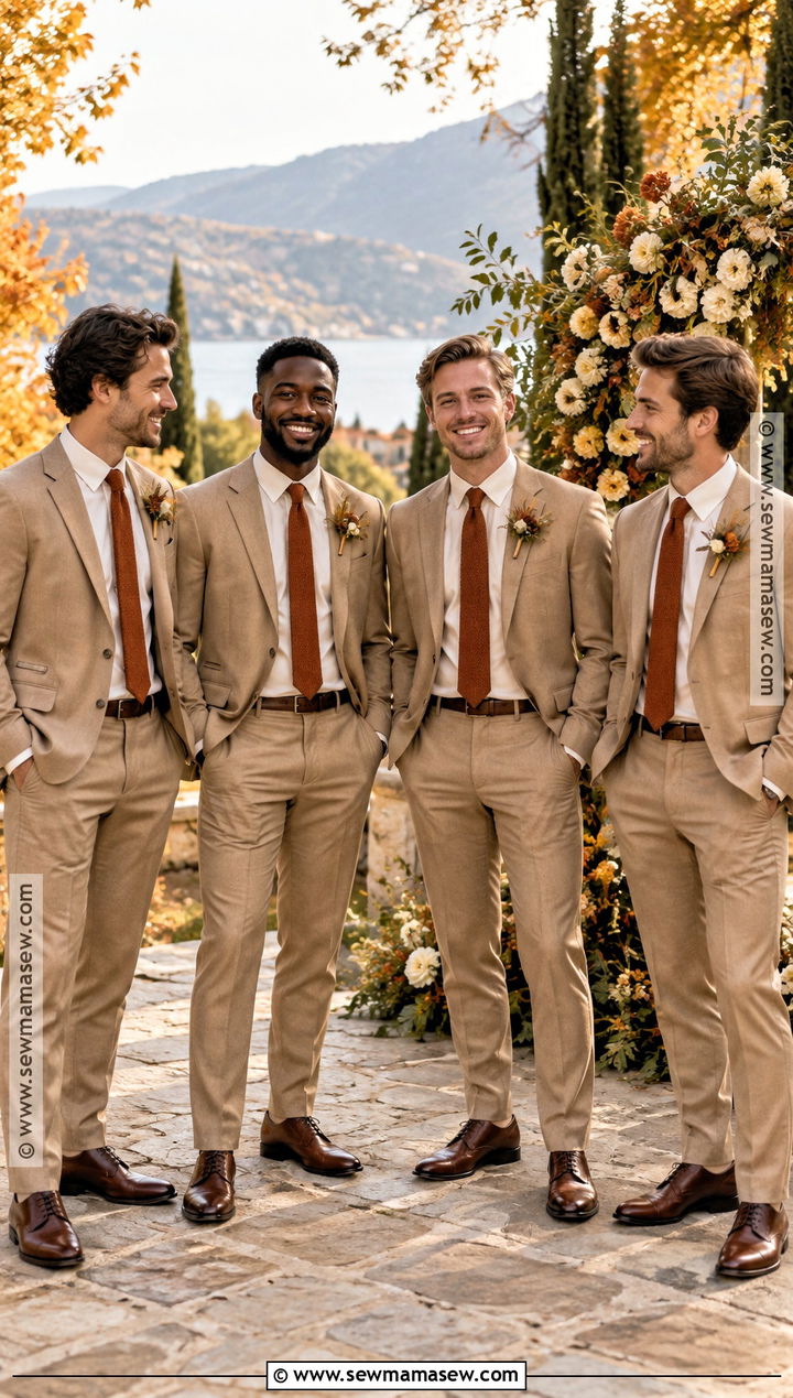 Tan Suit and Rust Tie Groomsmen Attire - 15 casual fall groomsmen attire ideas