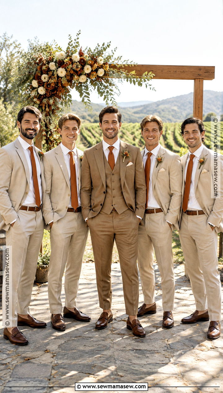 Tan Suits With Terracotta Ties - 15 september wedding groomsmen groom attire ideas