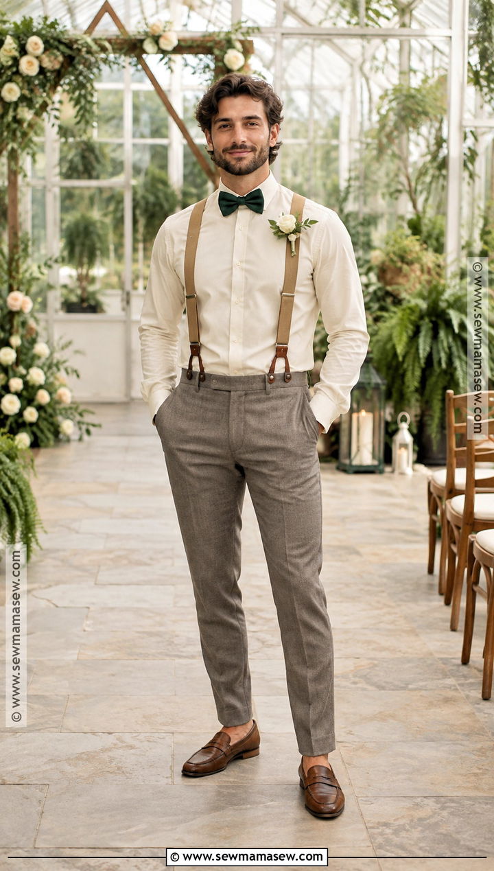 Tan Suspenders And Forest Green Bow Tie Outfit - 15 Fall Wedding Suspenders Bow Ties Ideas