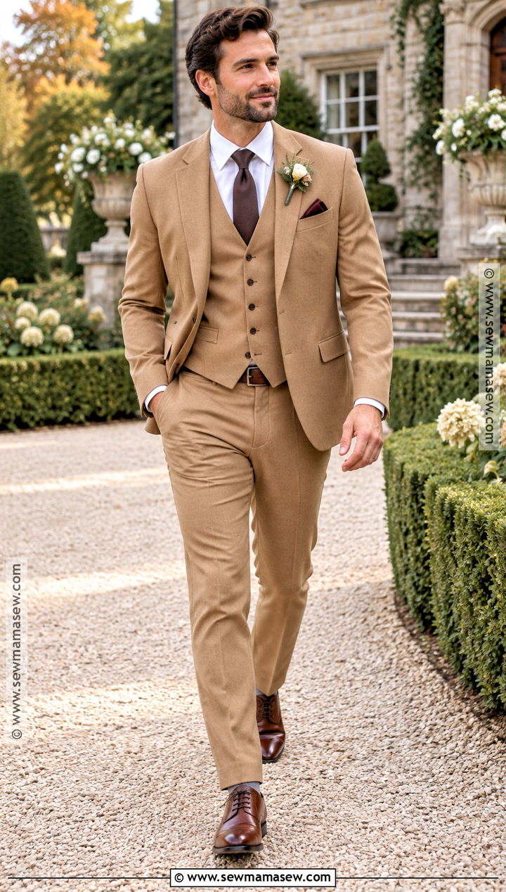 Tan Three Piece Suit Groom Outfit - 15 groom outfit fall wedding ideas