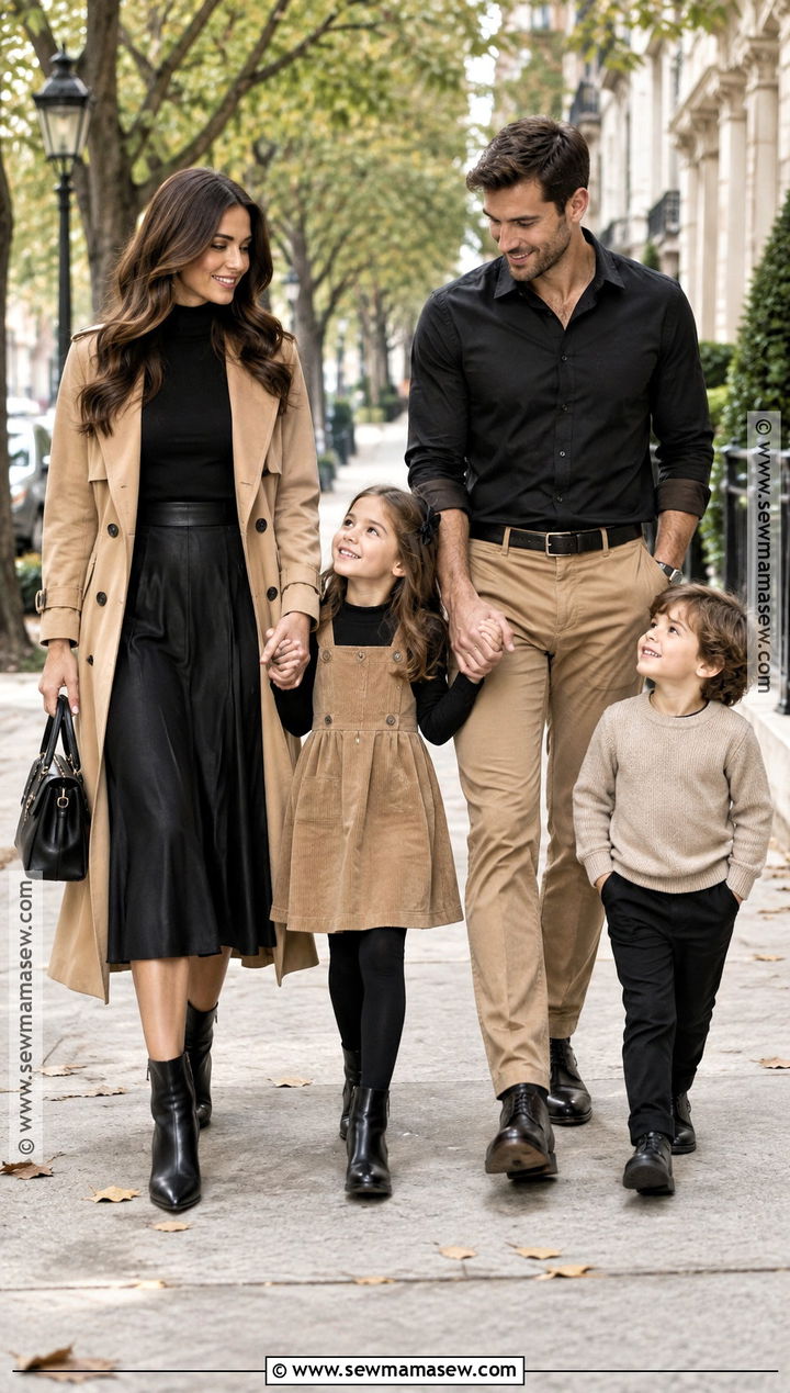 Tan Trench Coat And Black Turtleneck Family Outfit - 15 fall family pictures outfits black and tan