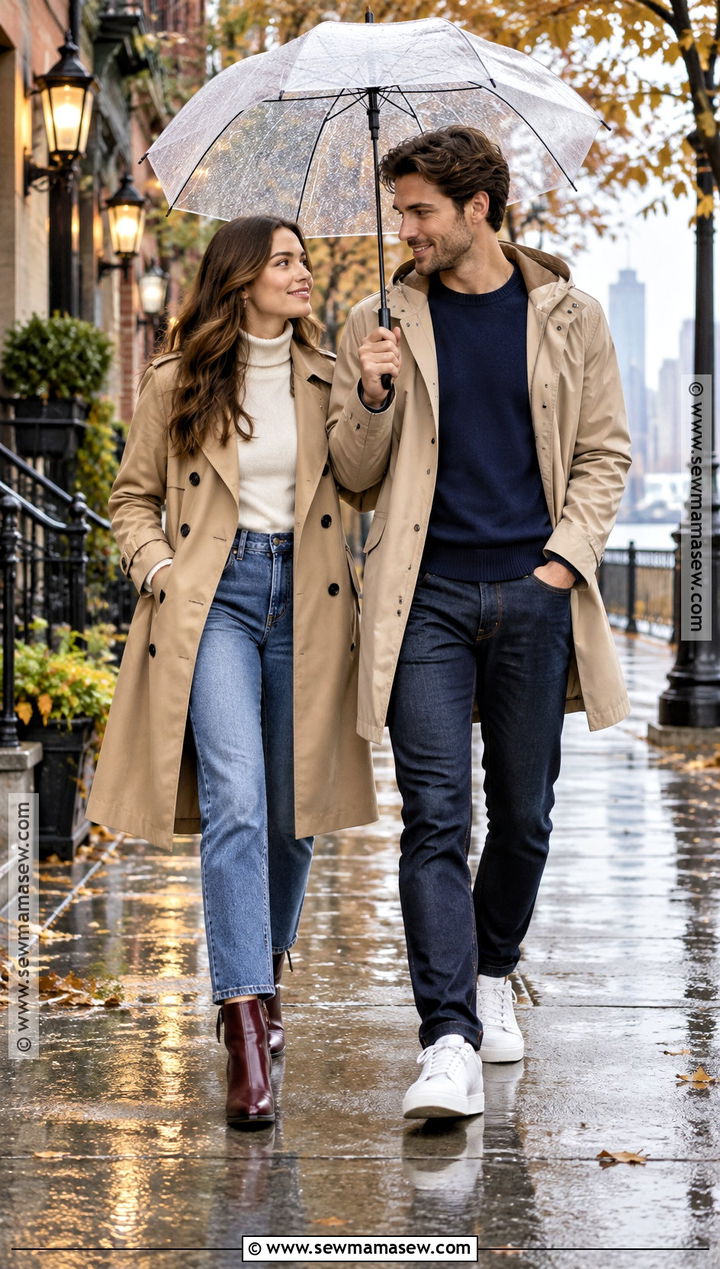 Tan Trench Coat And Blue Jeans Fall Couple Photo Outfit - 20 fall couple photos outfits