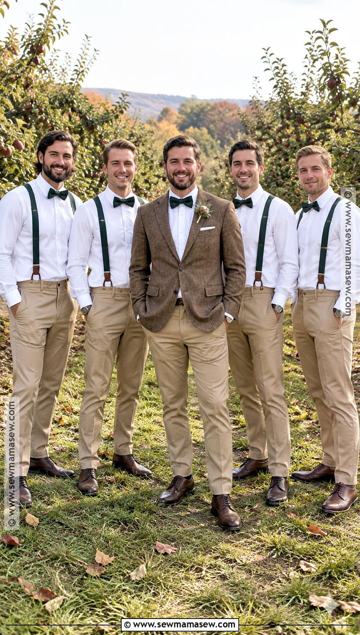 Tan Trousers With Forest Green Suspenders - 15 fall groomsmen attire suspenders ideas