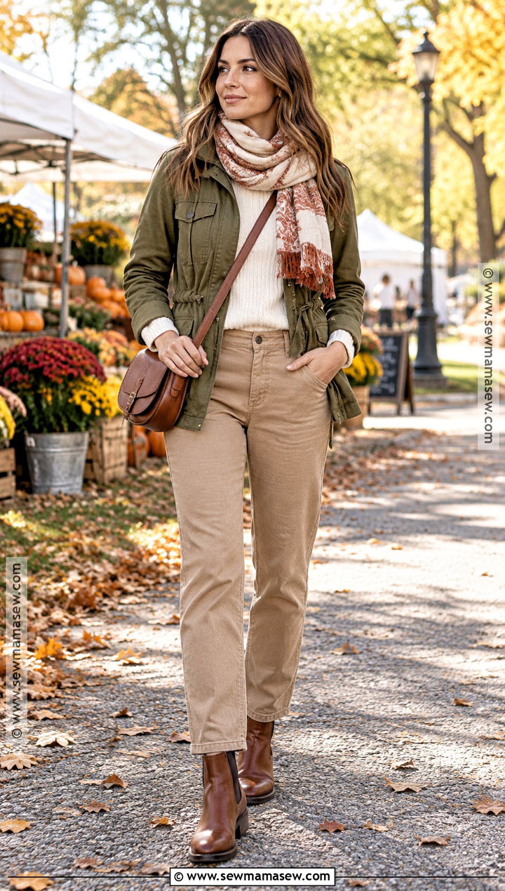Tan Trousers With Olive Utility Jacket And Boots - 15 Tan Trousers Outfit Fall Ideas