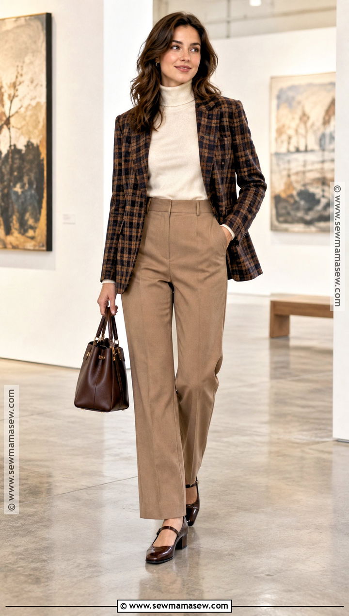 Tan Trousers With Plaid Blazer And Mary Jane Shoes - 15 Tan Trousers Outfit Fall Ideas