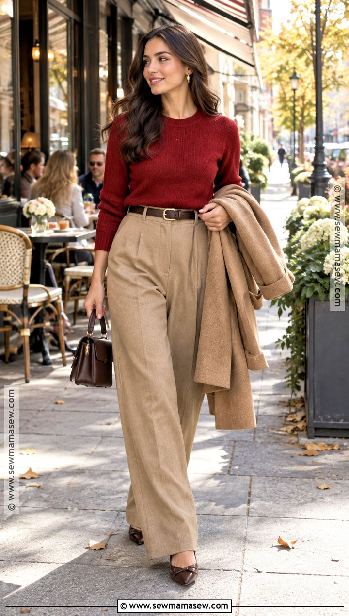 Tan Trousers With Red Sweater And Ballet Flats - 15 Tan Trousers Outfit Fall Ideas