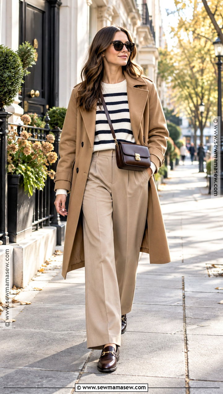 Tan Trousers With Striped Knit And Trench Coat - 15 Tan Trousers Outfit Fall Ideas