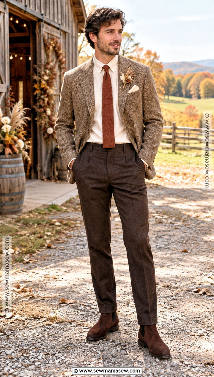 Tan Tweed Groom Jacket With Dark Brown Trousers - 20 fall groom attire ideas