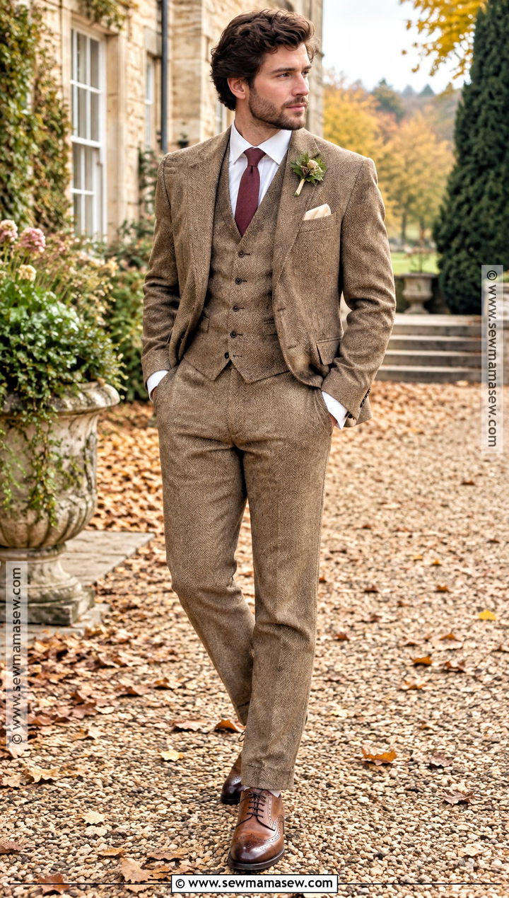 Tan Tweed Groom Suit - 15 fall wedding attire for groom ideas