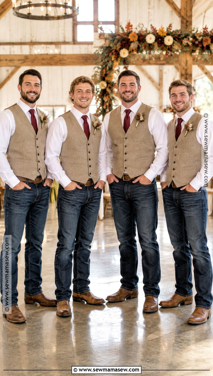 Tan Vest Groomsmen Attire With Dark Jeans - 15 groomsmen attire fall wedding jeans