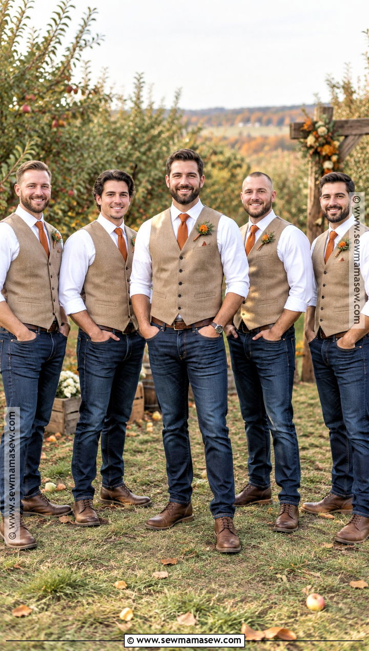Tan Vest Groomsmen Outfit With Dark Jeans - 15 fall wedding groomsmen attire jeans